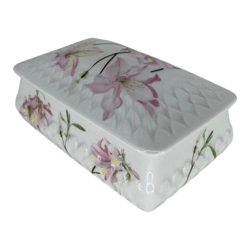 Limoges France Porcelain Trinket Box Pink Floral Rectangle Lidded Hand Painted